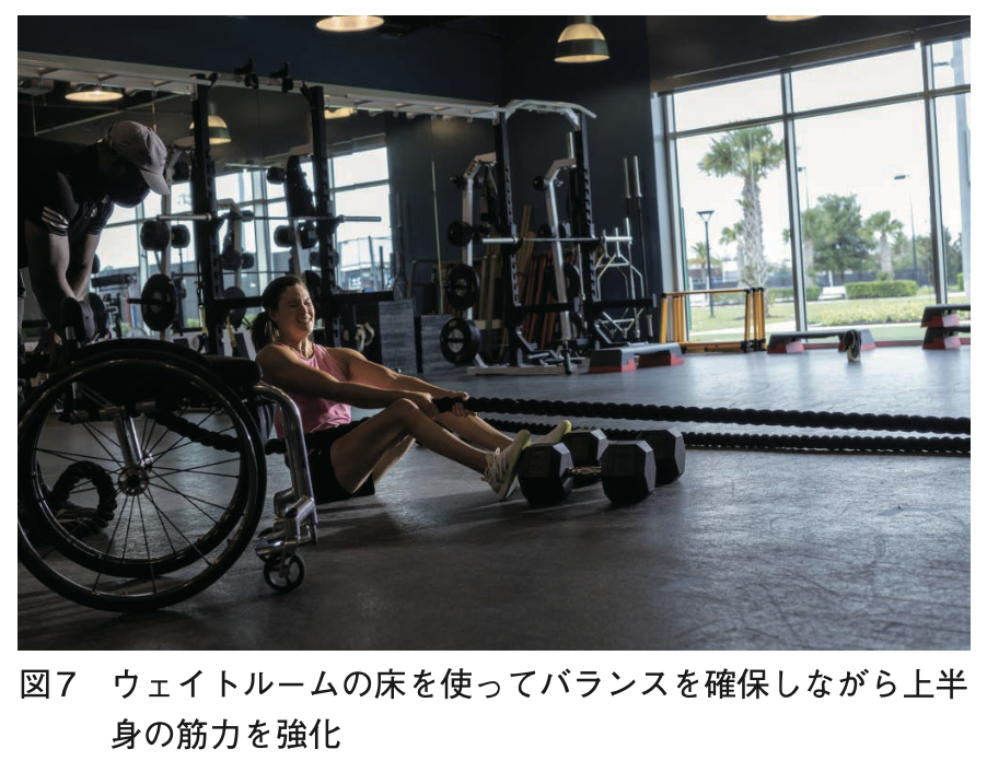 図7 ウェイトルームの床を使ってバランスを確保しながら上半身の筋力を強化