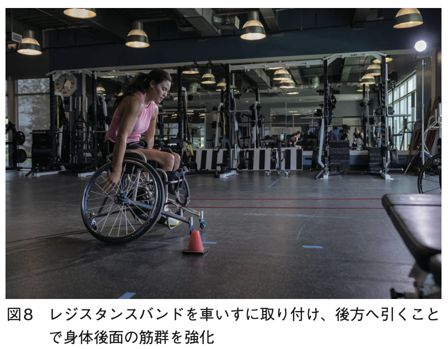 図8 レジスタンスバンドを車いすに取り付け、後方へ引くことで身体後面の筋群を強化
