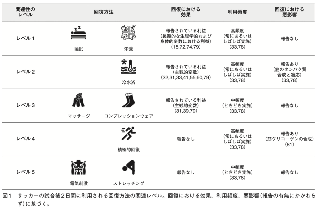 図1 サッカーの試合後2日間に利用される回復方法の関連レベル